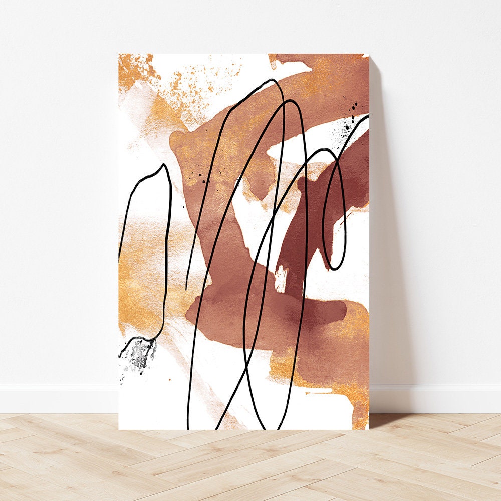 Earth Tone Gold Large Abstract Minimalist Metal Wall Art Camel Brown Black White Glossy Aluminum Print Decor Modern Contemporary Painting
