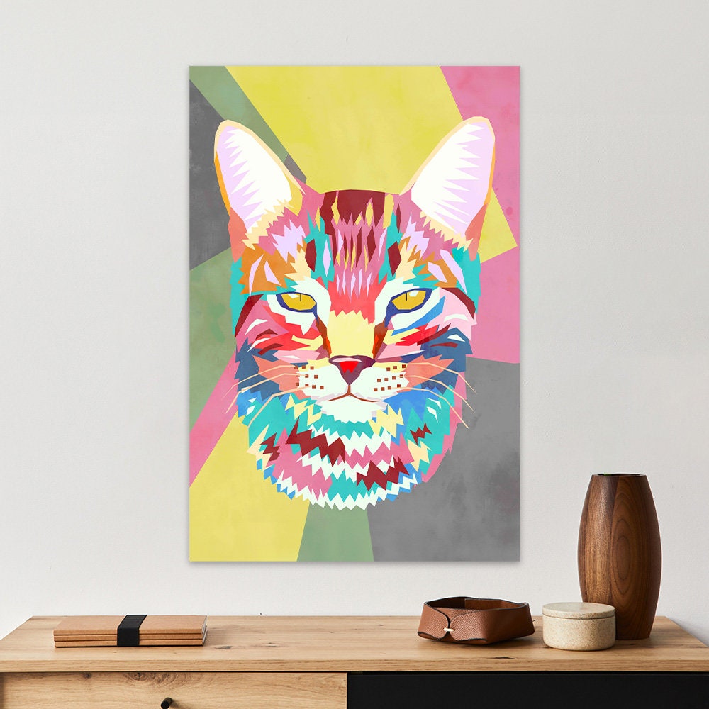 Colorful Cat Metal Wall Art - Maximalist Glossy Aluminum Print - Large Kitten Kitty Decor - Modern Contemporary Pet Lover Gift