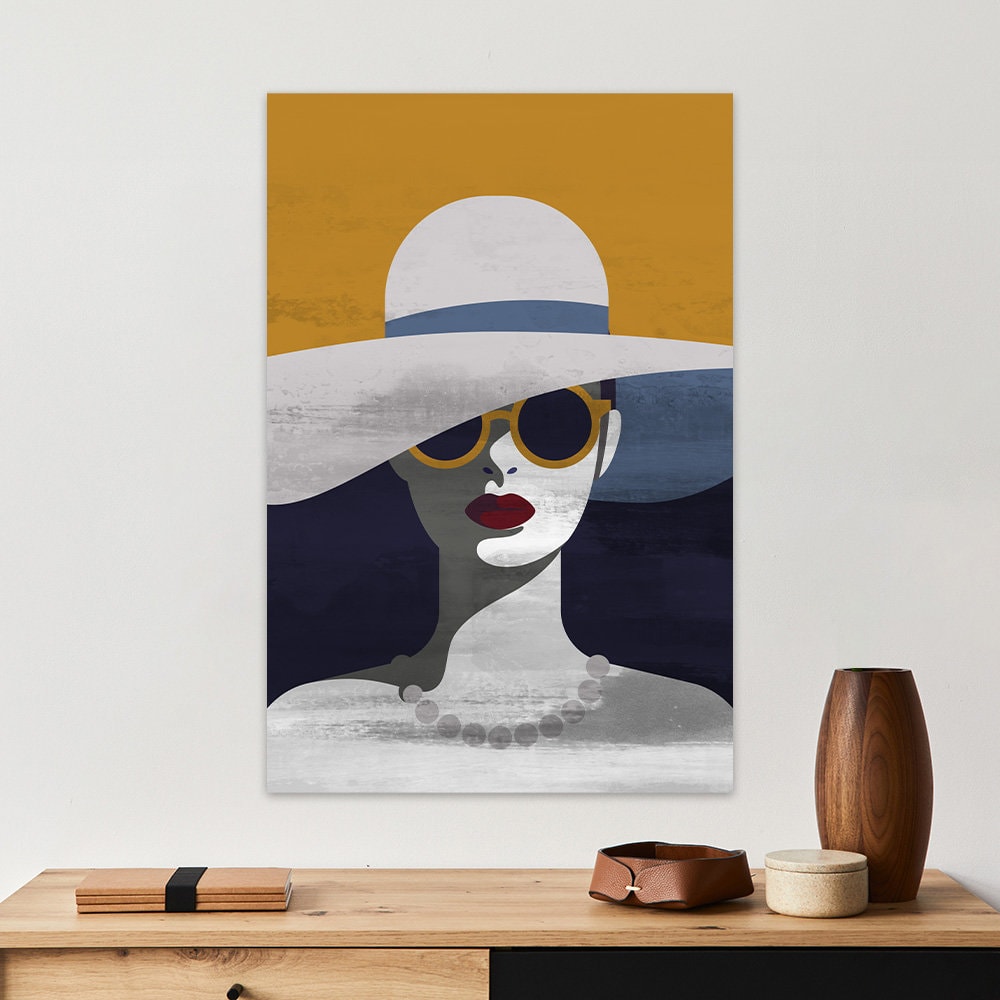 Lady With Hat & Sunglasses Woman Retro Boho Colorful Glossy Large Aluminum Metal Wall Fine Art Print Home Decor Modern Contemporary Painting
