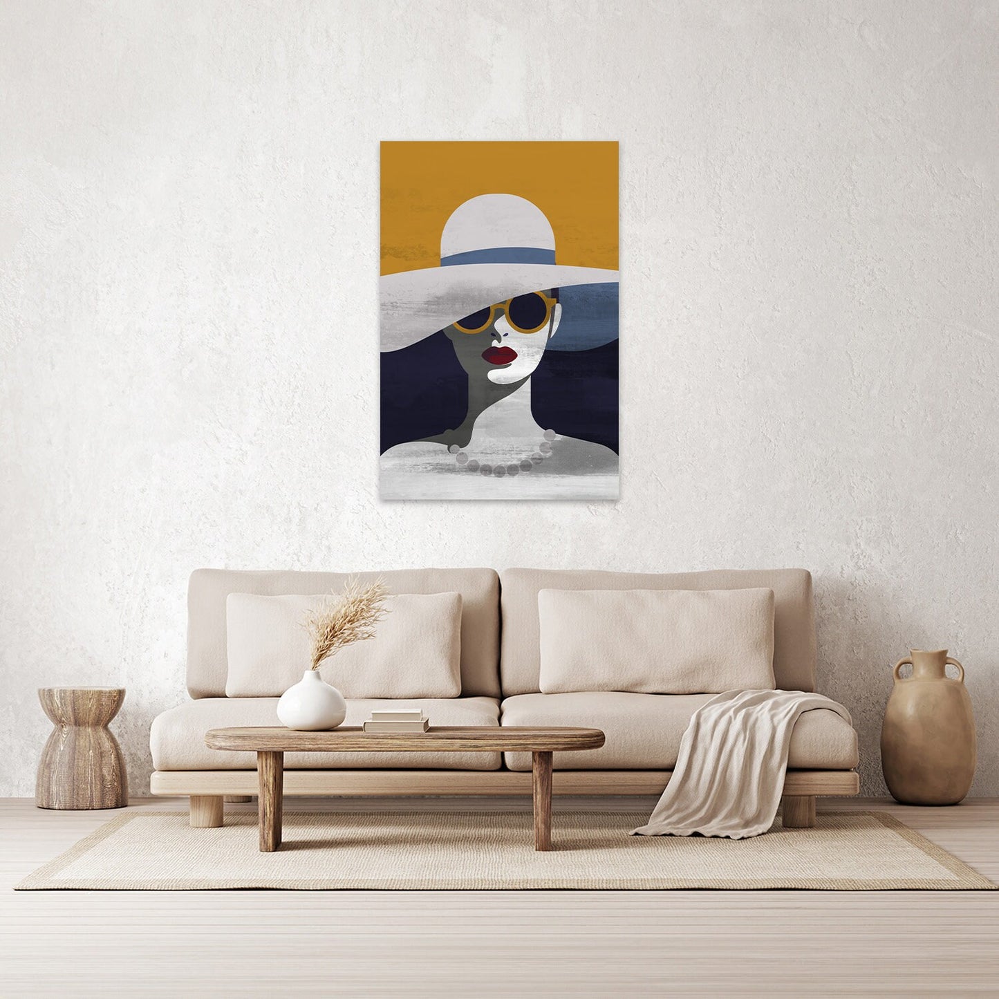Lady With Hat & Sunglasses Woman Retro Boho Colorful Glossy Large Aluminum Metal Wall Fine Art Print Home Decor Modern Contemporary Painting