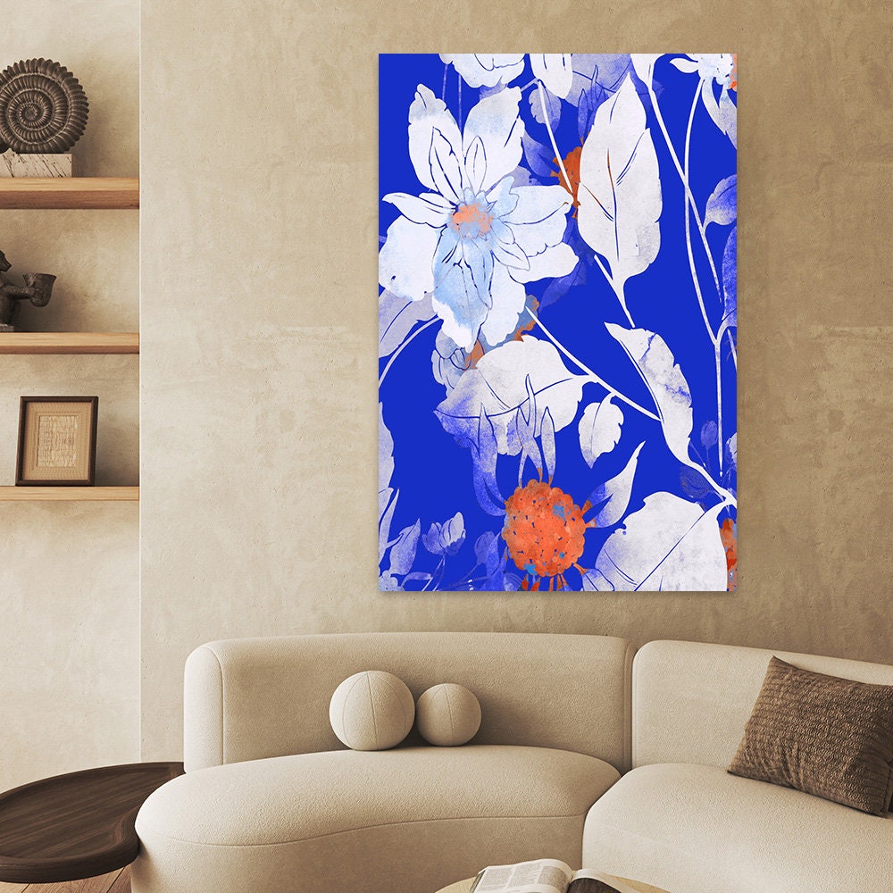 Bold Blue Floral Metal Wall Art - Colorful Abstract Flowers Glossy Aluminum Print - Large Modern Home Decor Gift I