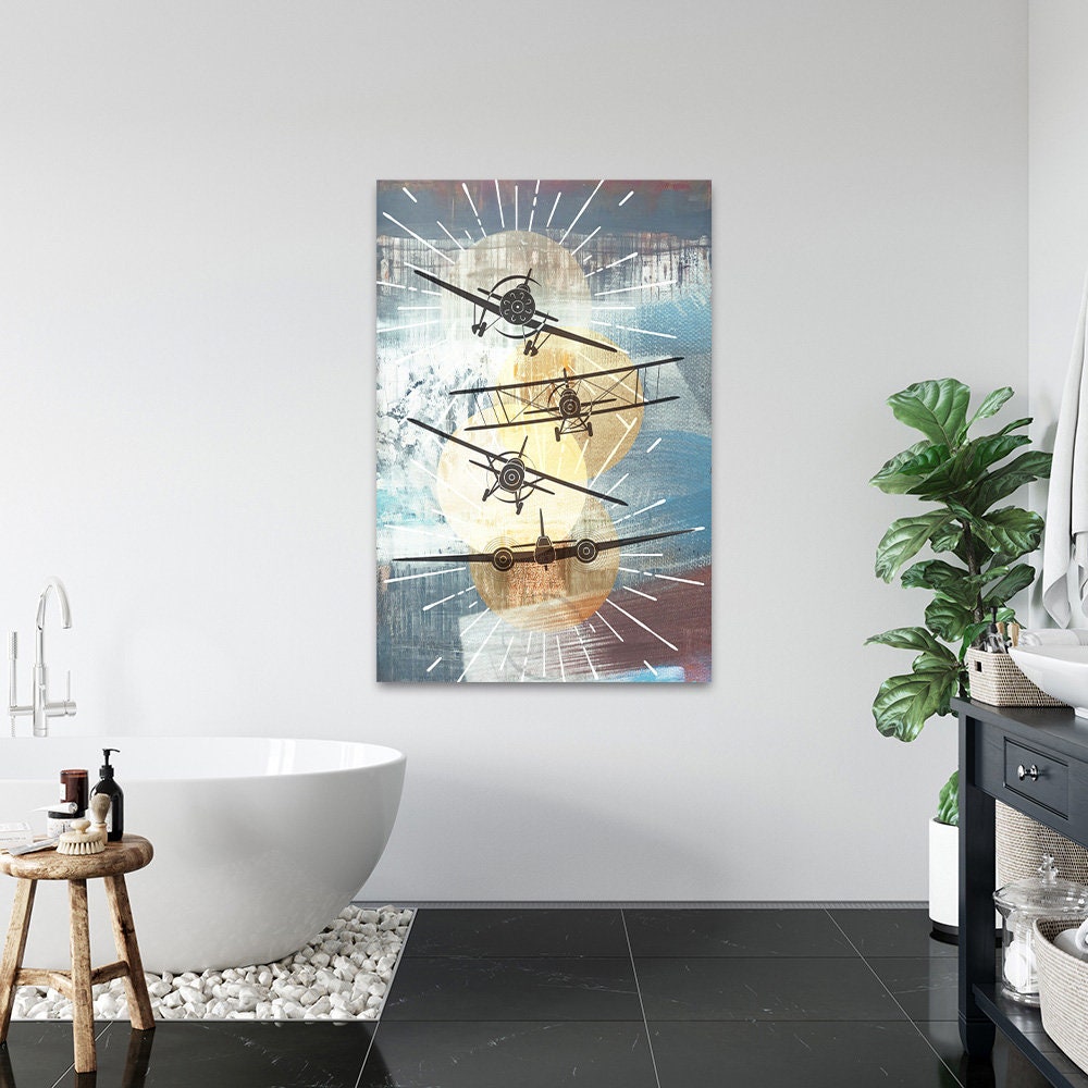 Aviation Airplane Flight Flying Bi-Plane Vintage Retro Art Metal Wall Glossy Large Aluminum Print Decor Modern Contemporary Painting Decor