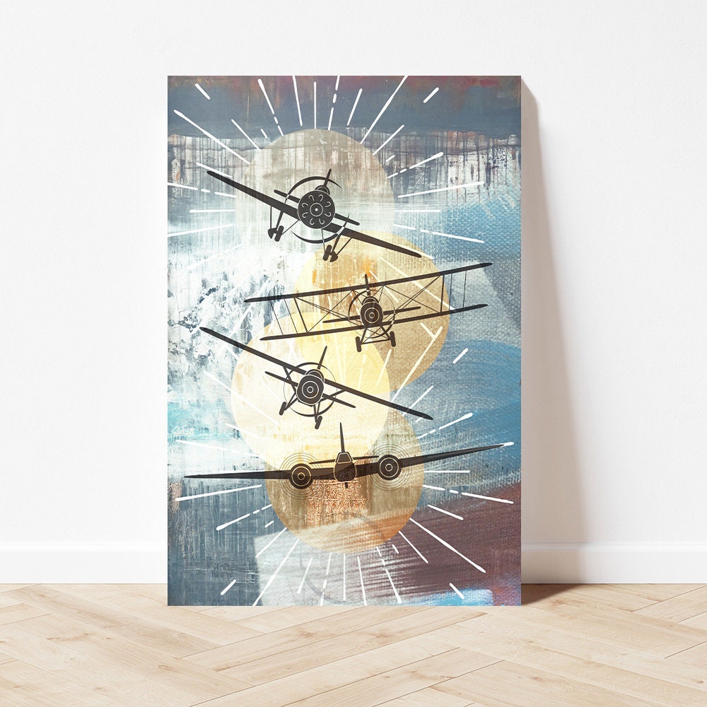 Aviation Airplane Flight Flying Bi-Plane Vintage Retro Art Metal Wall Glossy Large Aluminum Print Decor Modern Contemporary Painting Decor