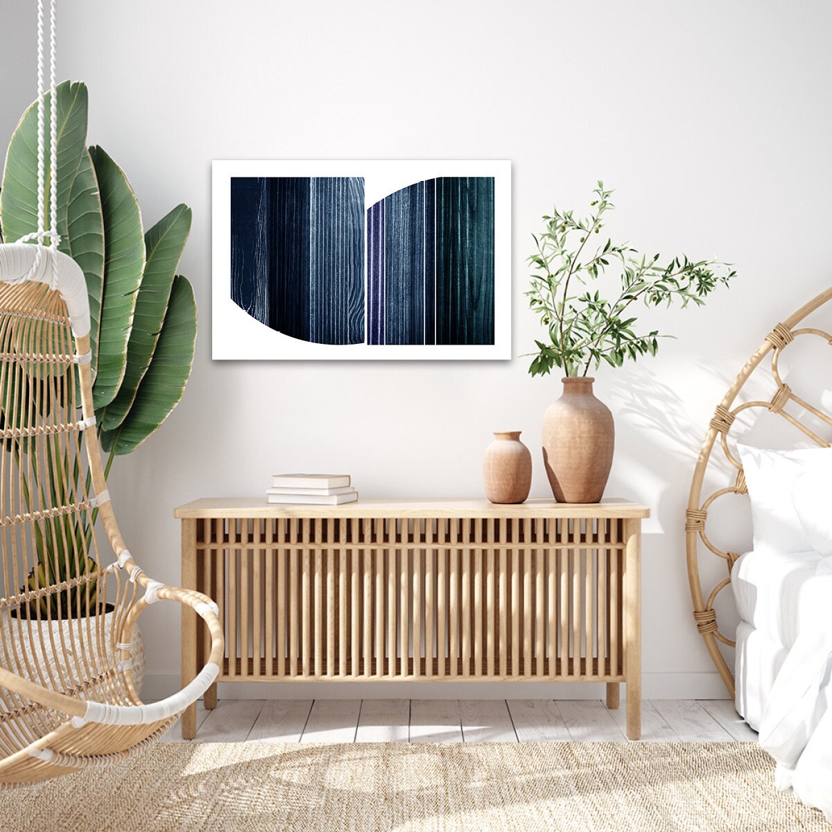 Blue & White Abstract Metal Wall Art Minimalist Texture Sections Glossy Sleek Large Aluminum Print Home Decor Modern Contemporary Painting
