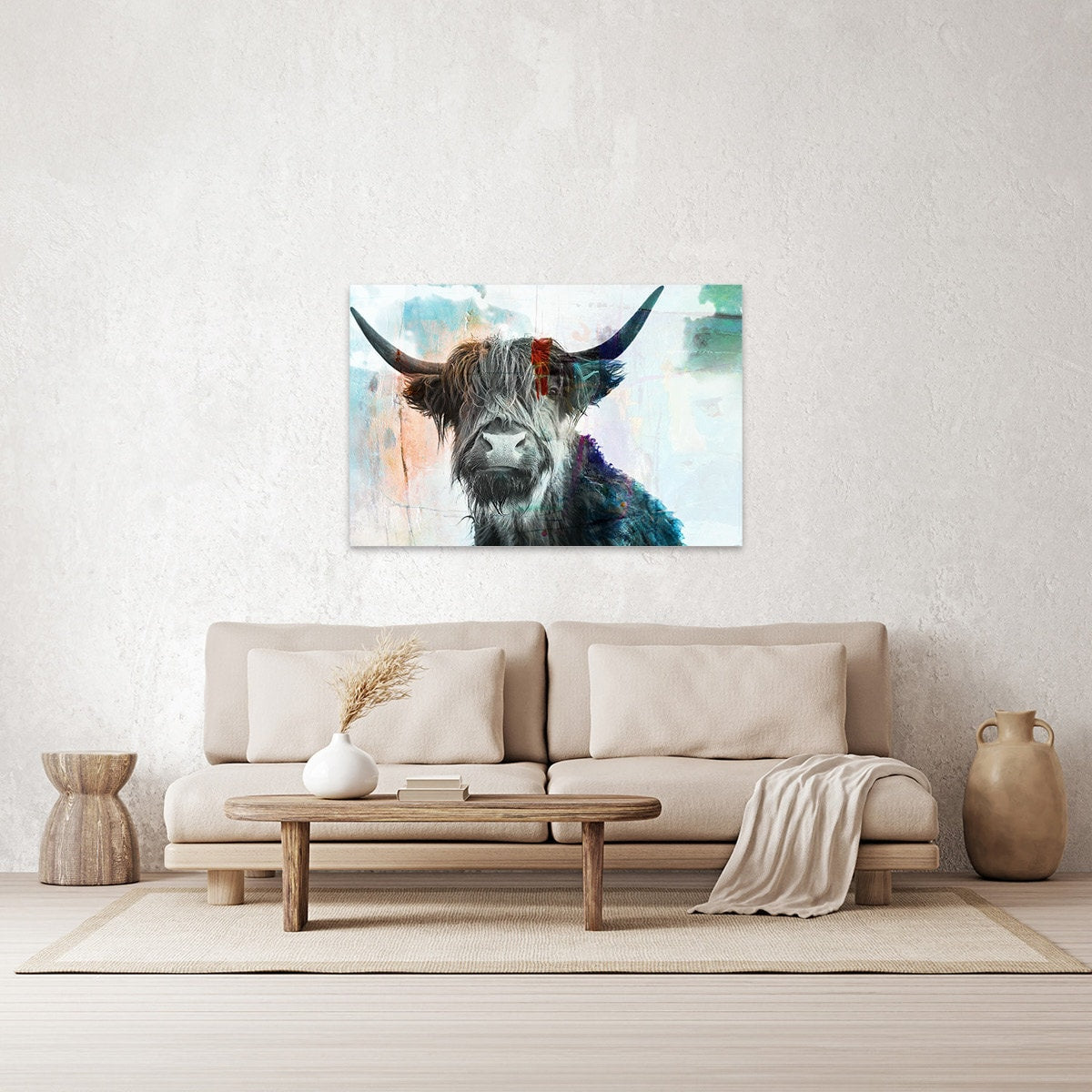 Highland Cow Art Painting Farm Animal Rustic Modern Farmhouse Art Print Wall Decor Animals Scottish Cow Wall Art Large Aluminum Metal Print