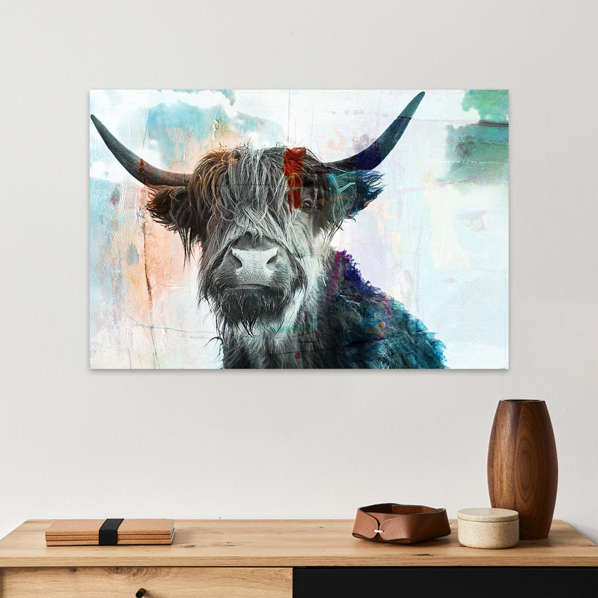Highland Cow Art Painting Farm Animal Rustic Modern Farmhouse Art Print Wall Decor Animals Scottish Cow Wall Art Large Aluminum Metal Print
