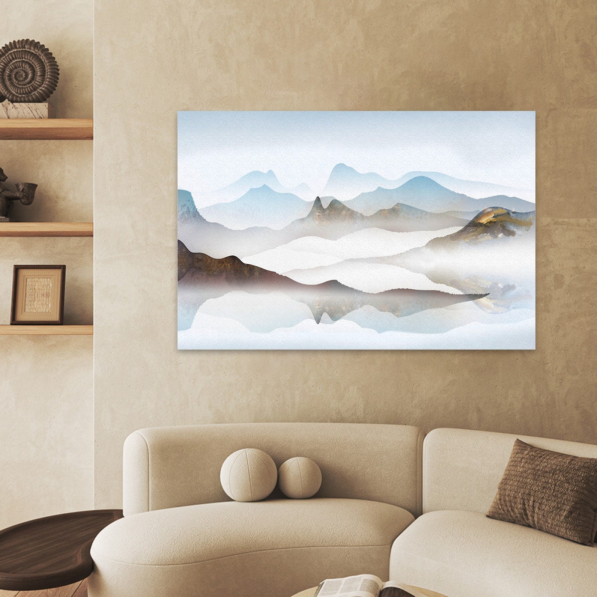Soft Hills Blue Abstract Mountain Landscape Watercolor Painting Modern Contemporary Metal Wall Art Glossy Large Aluminum Print Home Decor