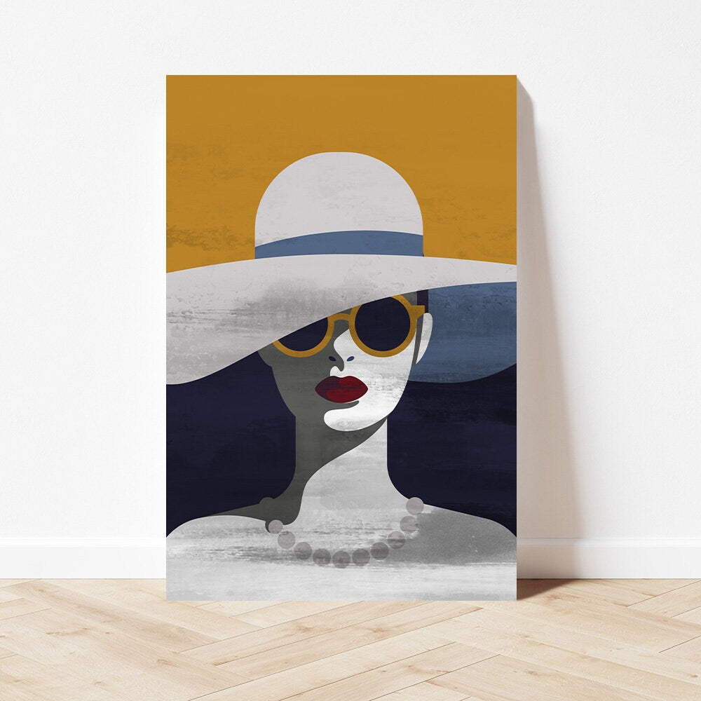 Lady With Hat & Sunglasses Woman Retro Boho Colorful Glossy Large Aluminum Metal Wall Fine Art Print Home Decor Modern Contemporary Painting