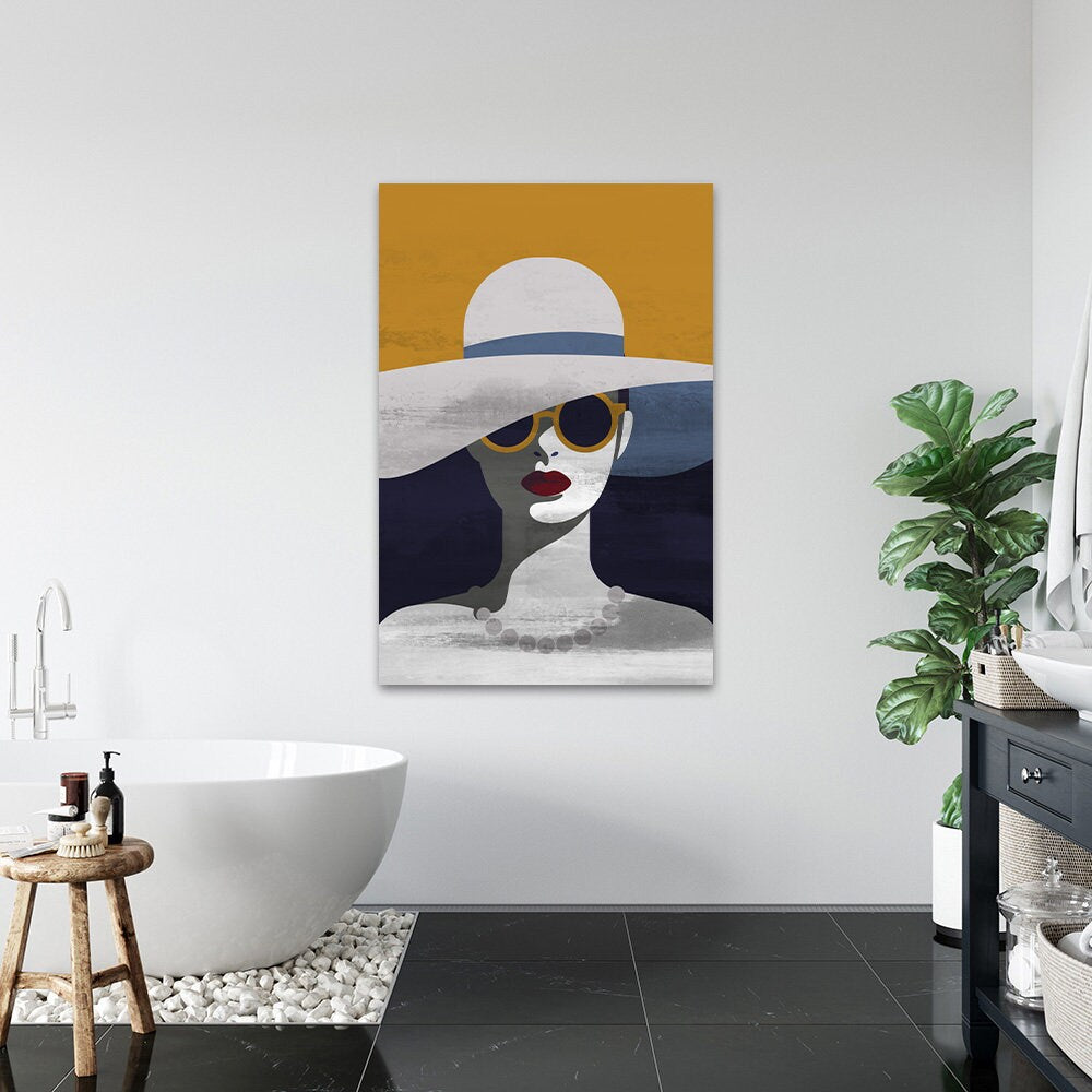 Lady With Hat & Sunglasses Woman Retro Boho Colorful Glossy Large Aluminum Metal Wall Fine Art Print Home Decor Modern Contemporary Painting