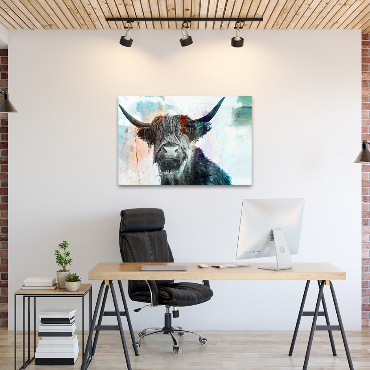 Highland Cow Art Painting Farm Animal Rustic Modern Farmhouse Art Print Wall Decor Animals Scottish Cow Wall Art Large Aluminum Metal Print