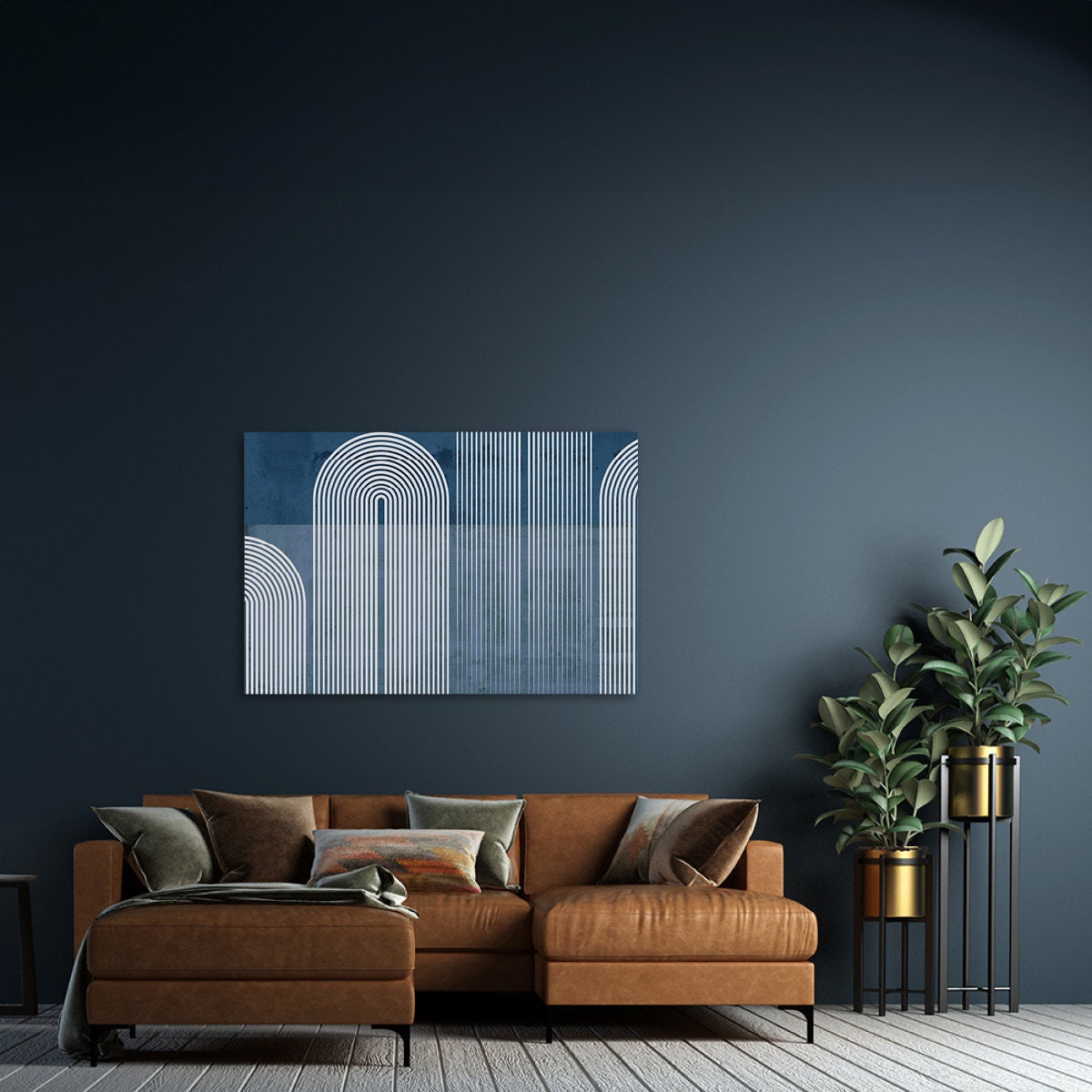 Bauhaus Blue & White Geometric Arches Abstract Modern Contemporary BOHO Metal Wall Art Glossy Large Aluminum Print Home Decor Painting