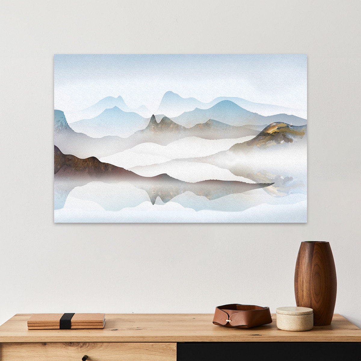 Soft Hills Blue Abstract Mountain Landscape Watercolor Painting Modern Contemporary Metal Wall Art Glossy Large Aluminum Print Home Decor