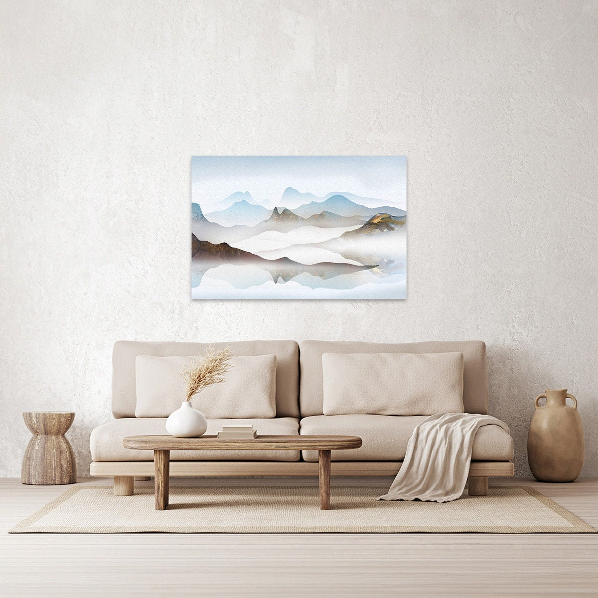 Soft Hills Blue Abstract Mountain Landscape Watercolor Painting Modern Contemporary Metal Wall Art Glossy Large Aluminum Print Home Decor
