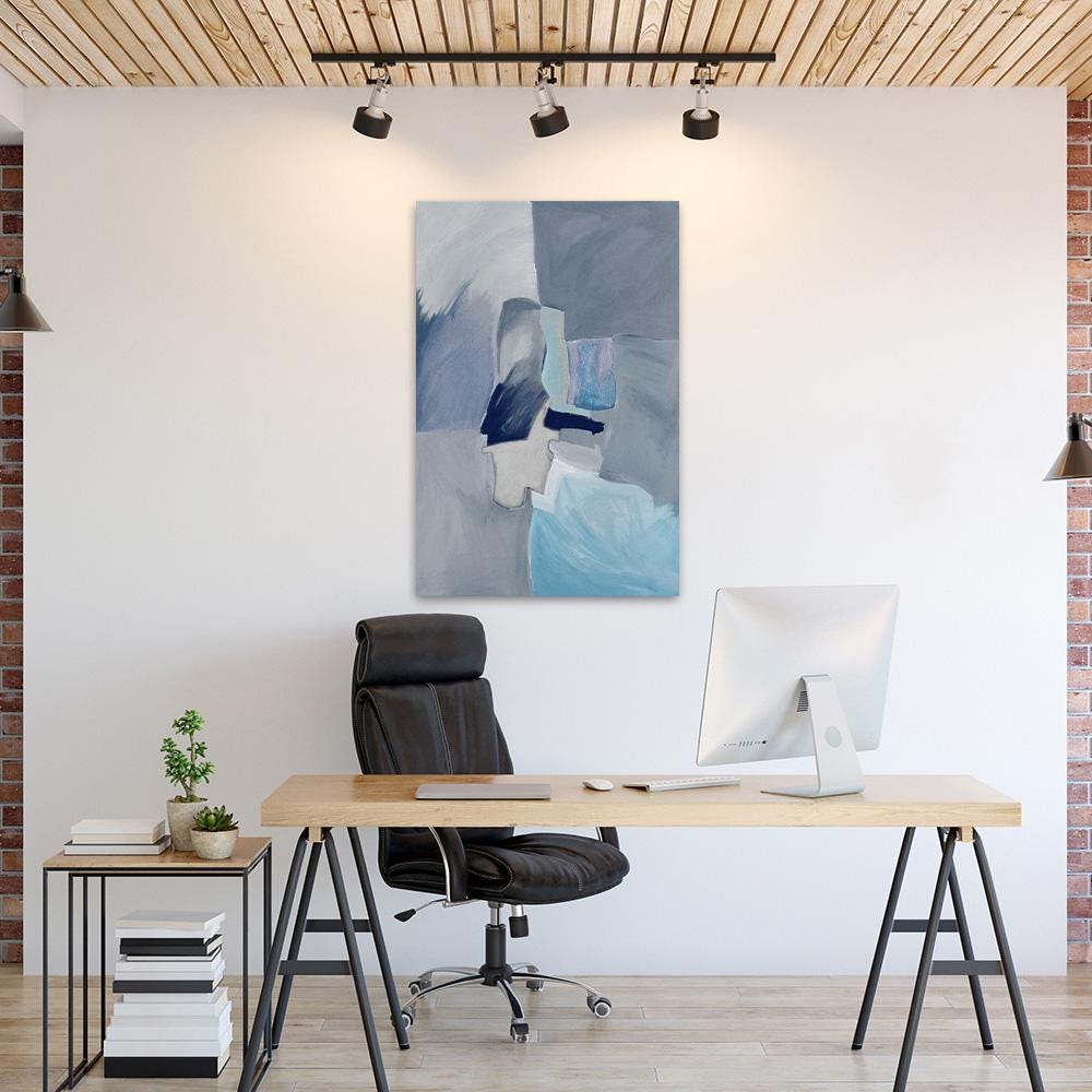 Large Abstract Color Block Blue Gray Minimalist Framed Canavs Wall Art Print Home Decor Modern Contemporary Painting Ready To Hang