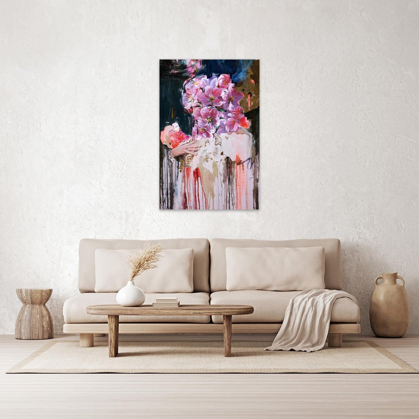 Maximalist Floral Lady Portrait Colorful Modern Fine Art Print - Large Framed Canvas Print - Home Decor Modern BOHO Woman Painting