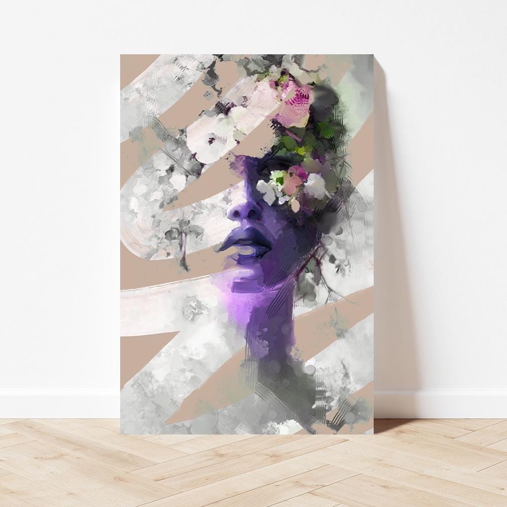 Floral Lady Face Woman Portrait - BOHO Maximalism Colorful Bold Framed Canvas Wall Art - Large Print Home Decor Modern Contemporary Painting