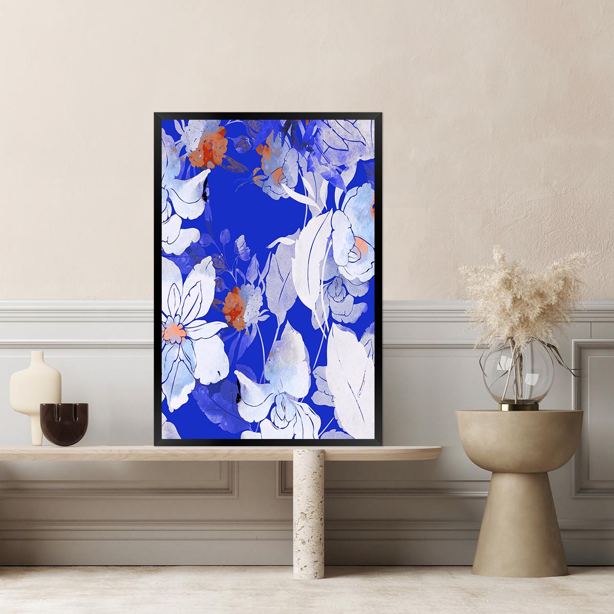 Bold Blue Floral Canvas Wall Art - Unique Colorful Abstract Bontanical Biophilic Flowers Framed Floater Print Large Modern Home Decor Gift 2