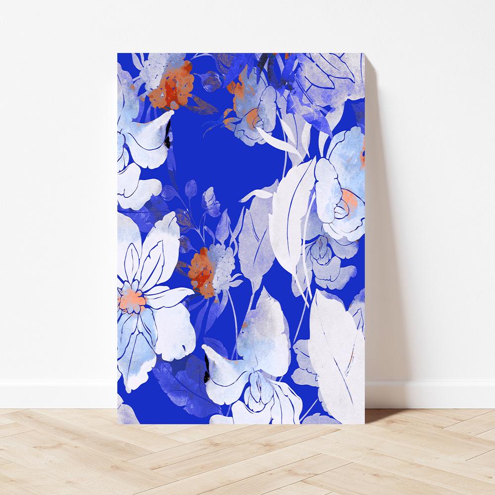 Bold Blue Floral Canvas Wall Art - Unique Colorful Abstract Bontanical Biophilic Flowers Framed Floater Print Large Modern Home Decor Gift 2