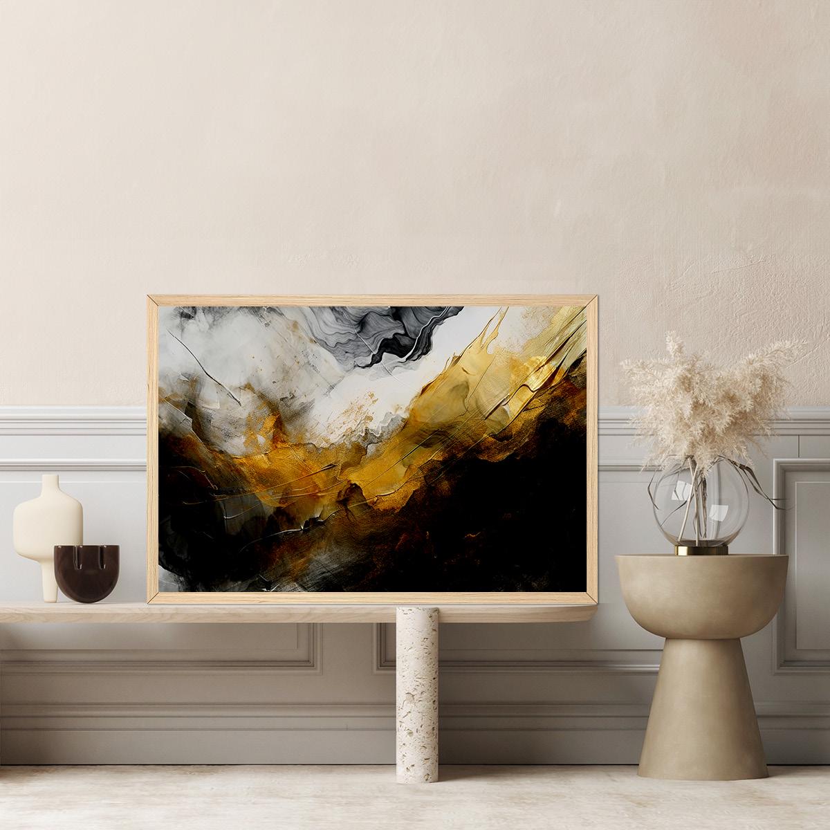 Abstract Minimalist Black & Gold Bold Neutral Framed Canvas Print - Large Fine Art Home Decor Wall Accent - Modern Contemporary Painting