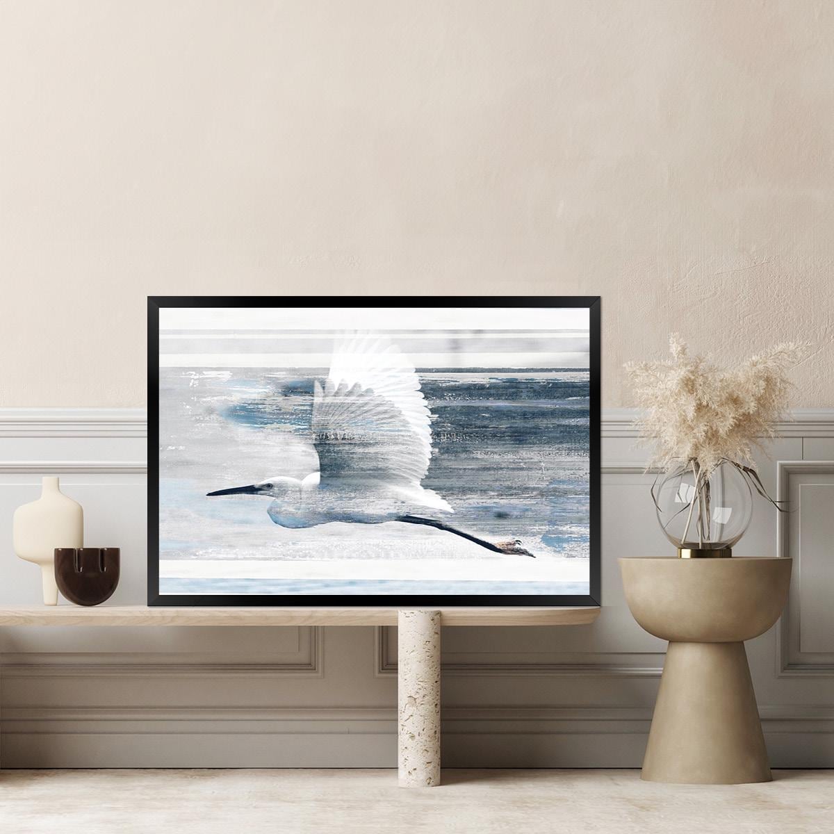 Sea Bird In Flight Coastal Canvas Print - Modern Contemporary Blue & White Framed Wall Art - Shorebird Heron Beach Ocean Large Painting