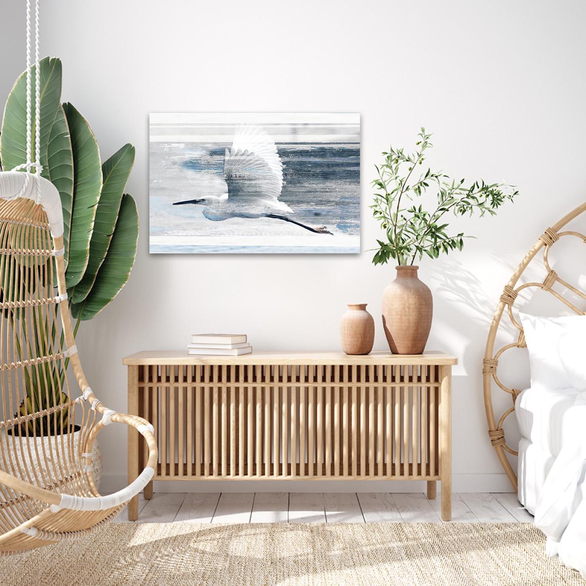 Sea Bird In Flight Coastal Canvas Print - Modern Contemporary Blue & White Framed Wall Art - Shorebird Heron Beach Ocean Large Painting