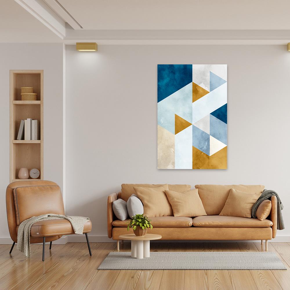 Abstract Geometric Coastal Nautical Cubist Large Minimalist Framed Canvas Wall Art Print Blue White Gold Decor Modern Contemporary Painting