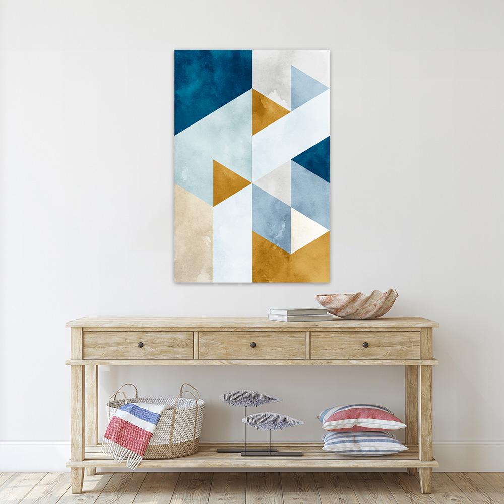 Abstract Geometric Coastal Nautical Cubist Large Minimalist Framed Canvas Wall Art Print Blue White Gold Decor Modern Contemporary Painting