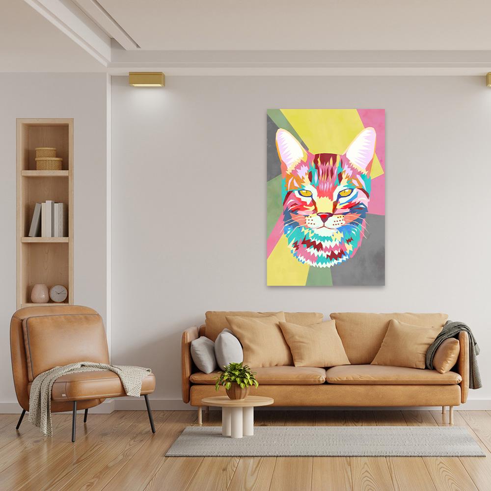 Colorful Cat Pop Wall Art - Maximalist Canvas Framed Print - Large Color Block Kitten Home Decor - Modern Pet Lover Gift