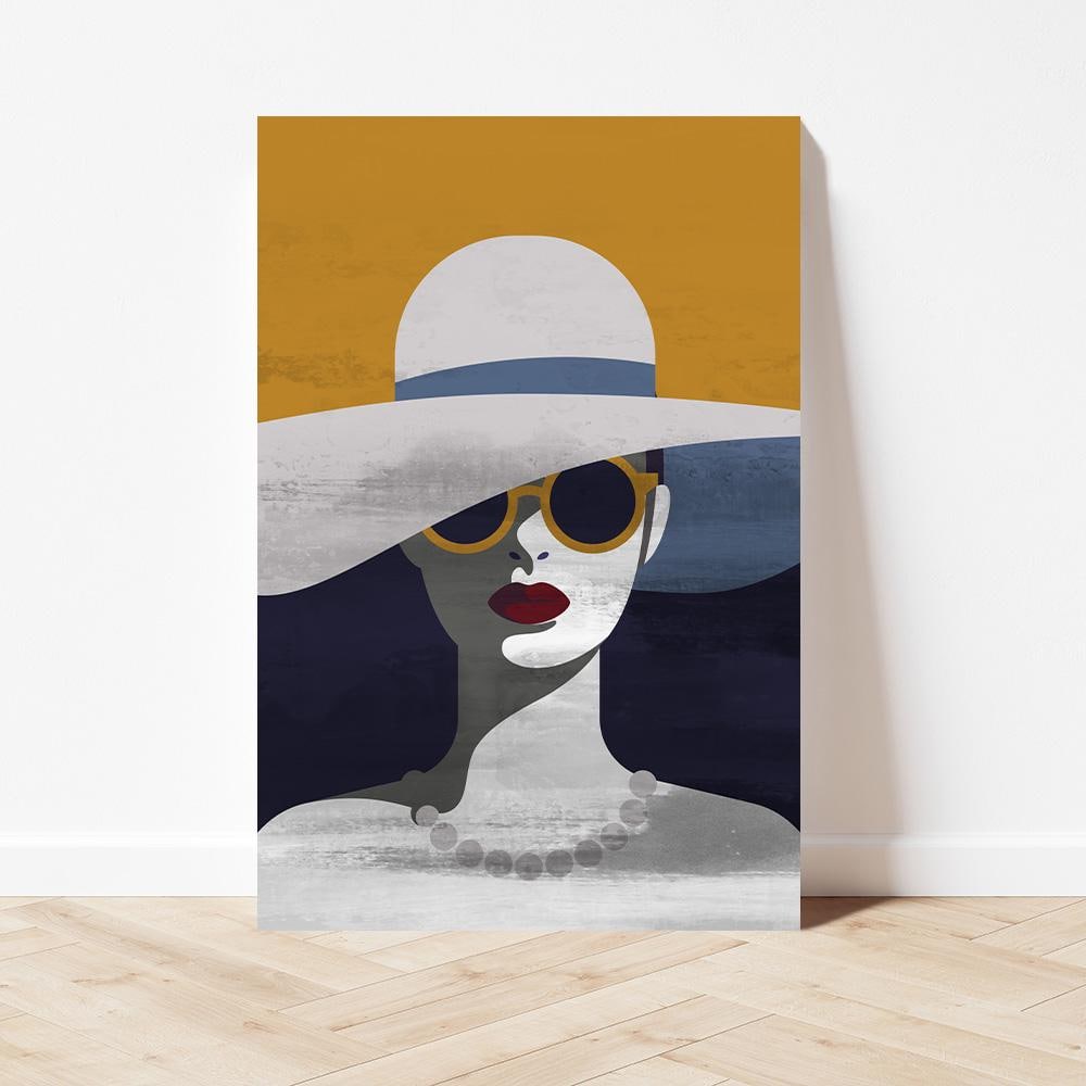 Lady With Hat & Sunglasses Wall Fine Art Print - Woman Retro Boho Colorful Large Framed Canvas - Home Decor Modern Contemporary Painting