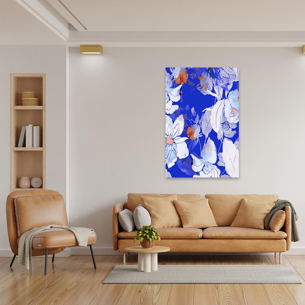 Bold Blue Floral Canvas Wall Art - Unique Colorful Abstract Bontanical Biophilic Flowers Framed Floater Print Large Modern Home Decor Gift 2