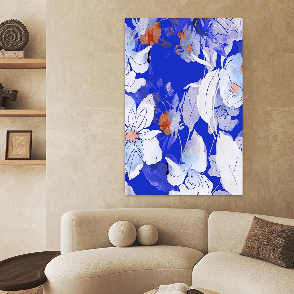 Bold Blue Floral Canvas Wall Art - Unique Colorful Abstract Bontanical Biophilic Flowers Framed Floater Print Large Modern Home Decor Gift 2