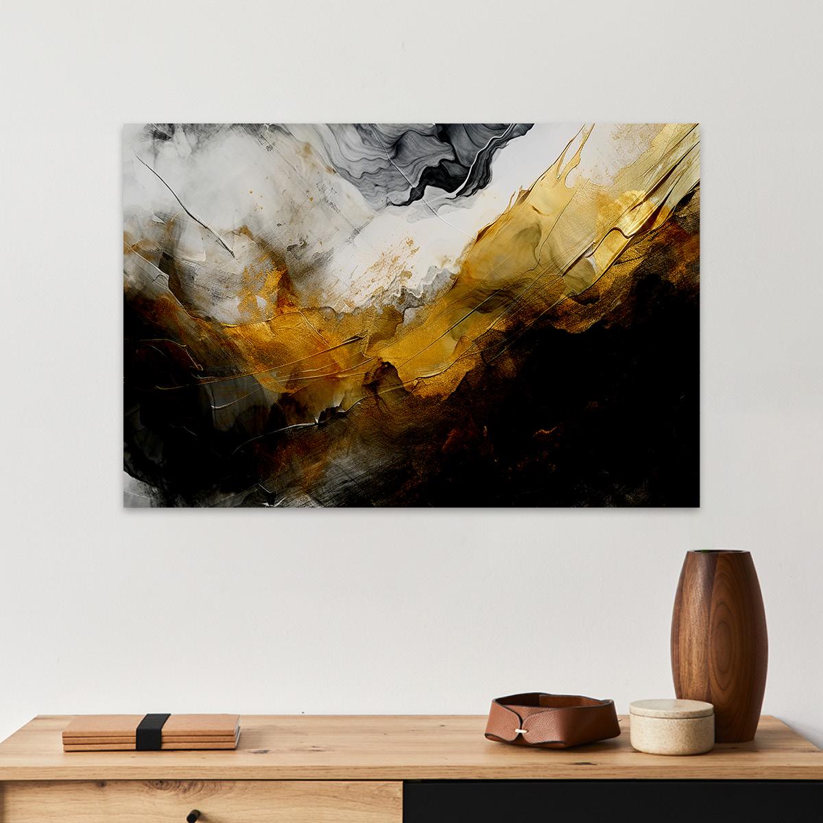 Abstract Minimalist Black & Gold Bold Neutral Framed Canvas Print - Large Fine Art Home Decor Wall Accent - Modern Contemporary Painting