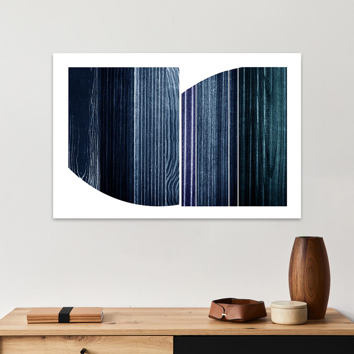 Blue White Abstract Minimalist Wood Texture Sections Canvas Wall Art - Large Framed Wabi Sabi Print Home Decor Modern Contemporary Painting
