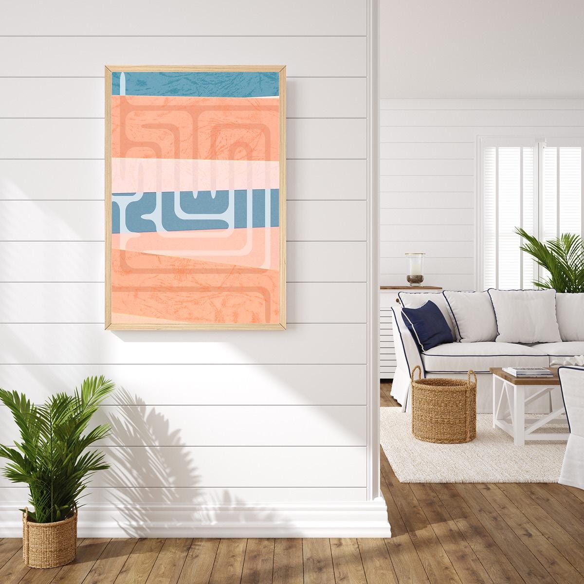 Abstract Pattern Canvas Print - Boho Wall Art, Pastel Coral & Blue Geometric Decor for Living Room or Bedroom Spring Art - Frame Options