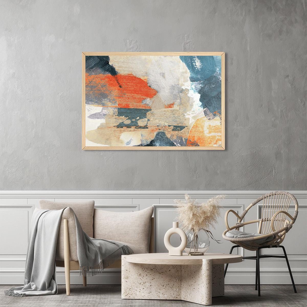 Abstract Canvas Print - Modern Brush Stroke Painting in Blue, Orange & Ivory - Bold Wall Art Home Decor - Frame Options
