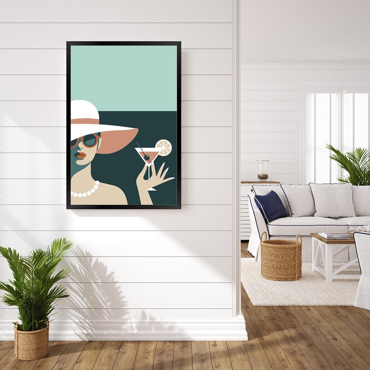 Coquette Cocktail Hour Wall Art – Retro Woman w Martini in Hat & Pearls – Glam Modern Print for Girls Night, Dressing Room or Bar Cart Decor