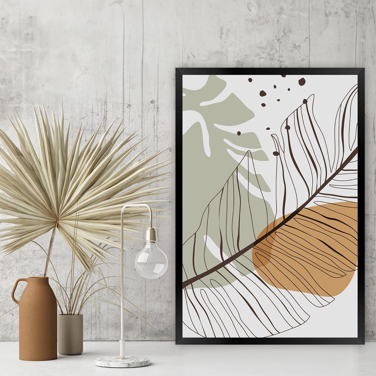 Boho Palm Leaf Wall Art - Colorful Abstract Botanical Canvas Print, Modern Tropical Home Decor, Mid-Century Line Art, Framed Options