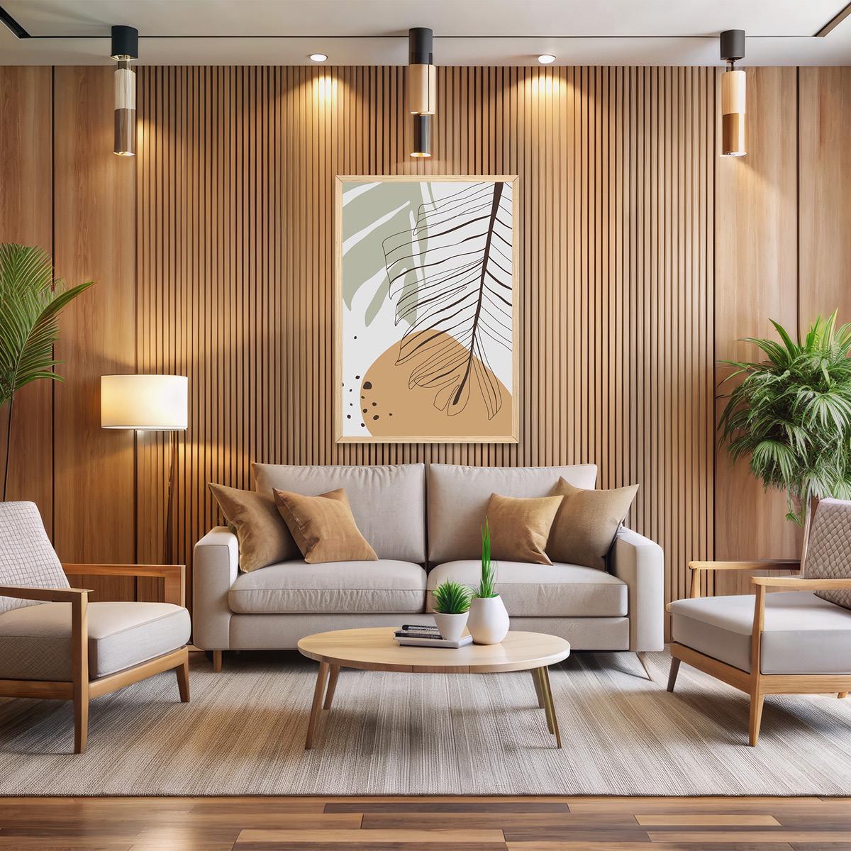 Boho Palm Leaf Wall Art - Modern Tropical Home Decor, Colorful Abstract Botanical Canvas Print, Mid-Century Line Art, Framed Options