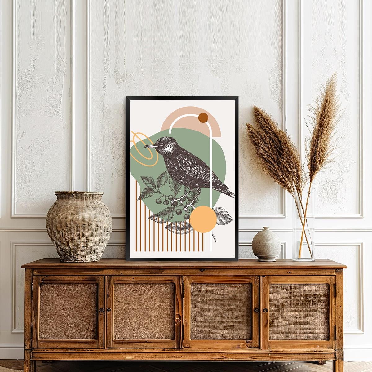 Vintage Bird Botanical Art Print - Mid Century Nature Illustration - Modern Abstract Flower Wall Decor - Retro Boho Home Decor - Framed Opt