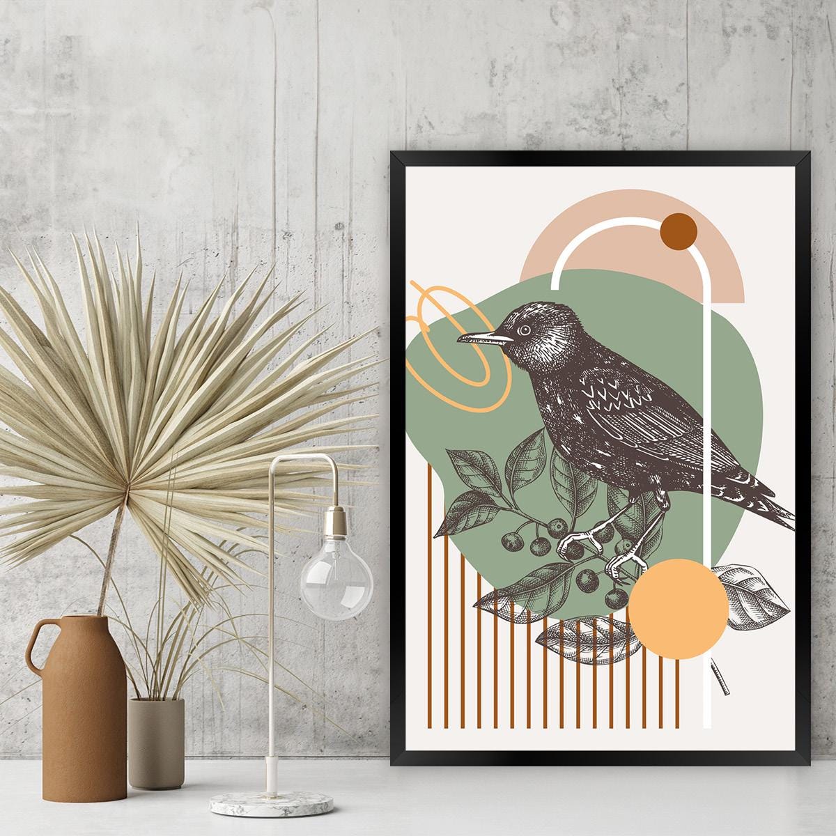 Vintage Bird Botanical Art Print - Mid Century Nature Illustration - Modern Abstract Flower Wall Decor - Retro Boho Home Decor - Framed Opt