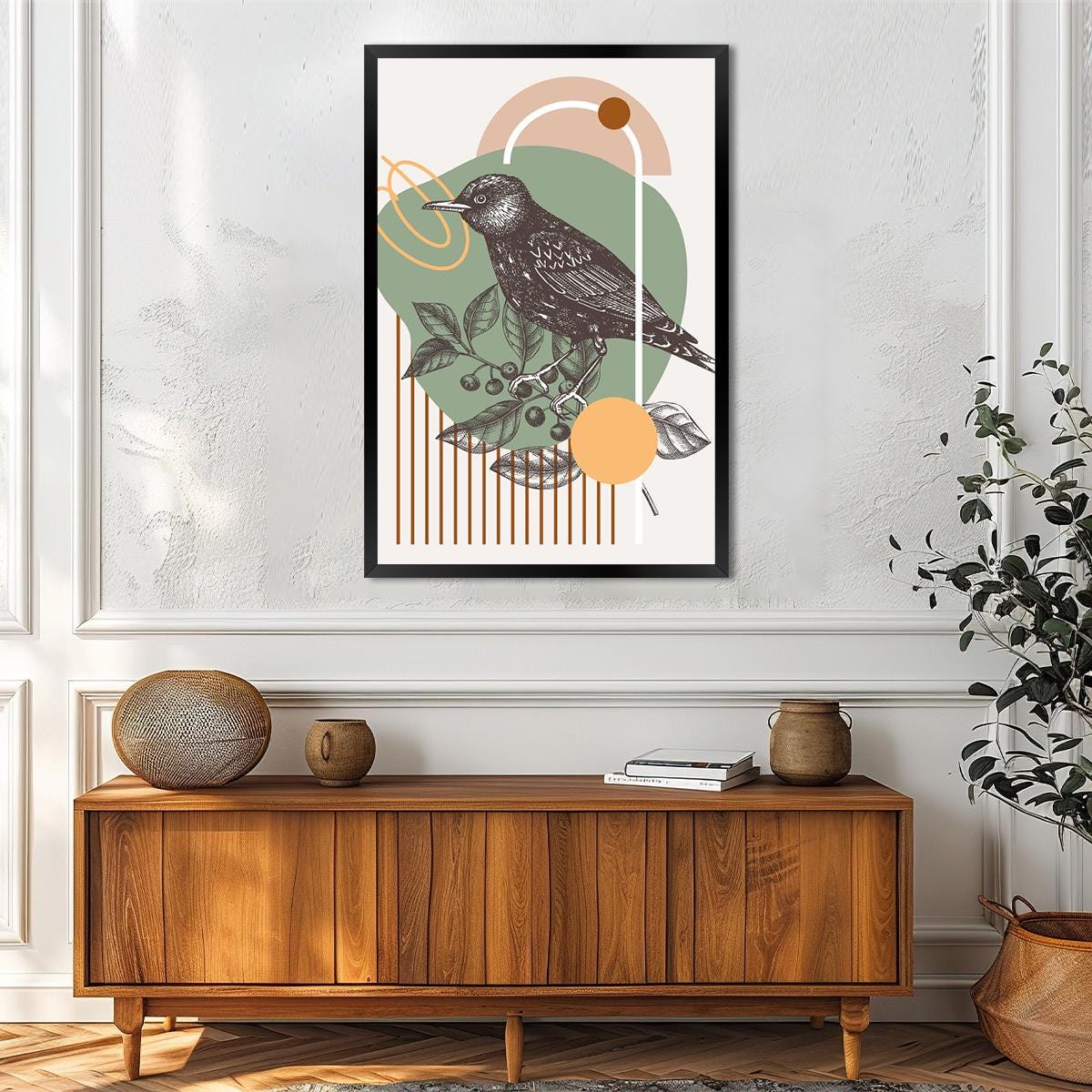 Vintage Bird Botanical Art Print - Mid Century Nature Illustration - Modern Abstract Flower Wall Decor - Retro Boho Home Decor - Framed Opt