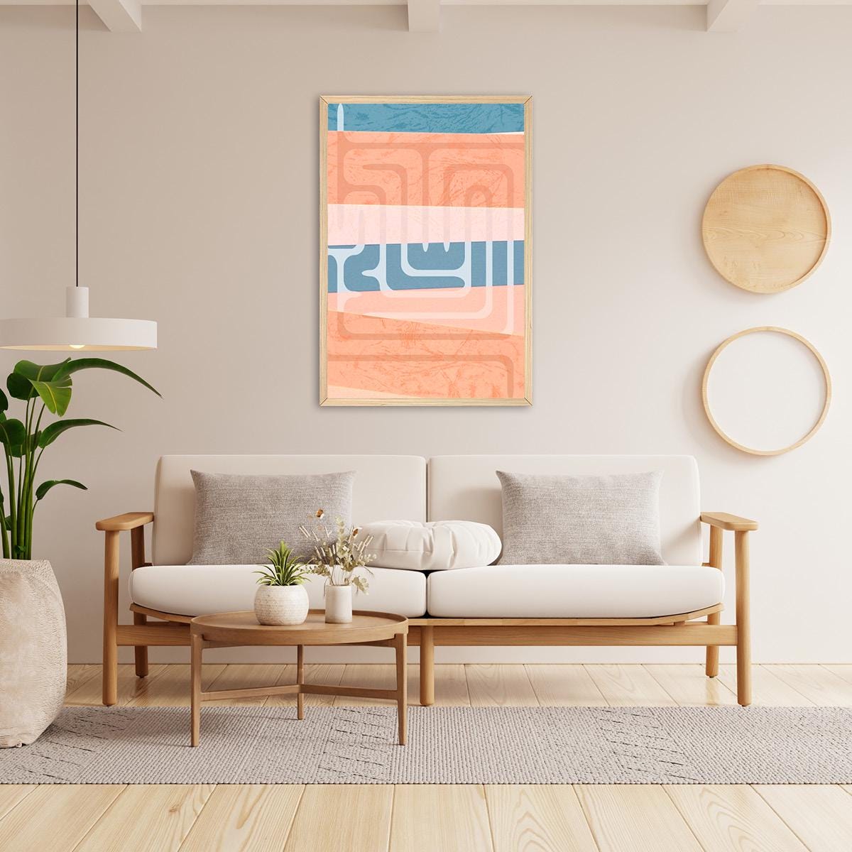 Abstract Pattern Canvas Print - Boho Wall Art, Pastel Coral & Blue Geometric Decor for Living Room or Bedroom Spring Art - Frame Options