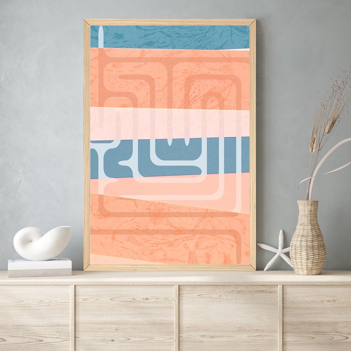 Abstract Pattern Canvas Print - Boho Wall Art, Pastel Coral & Blue Geometric Decor for Living Room or Bedroom Spring Art - Frame Options