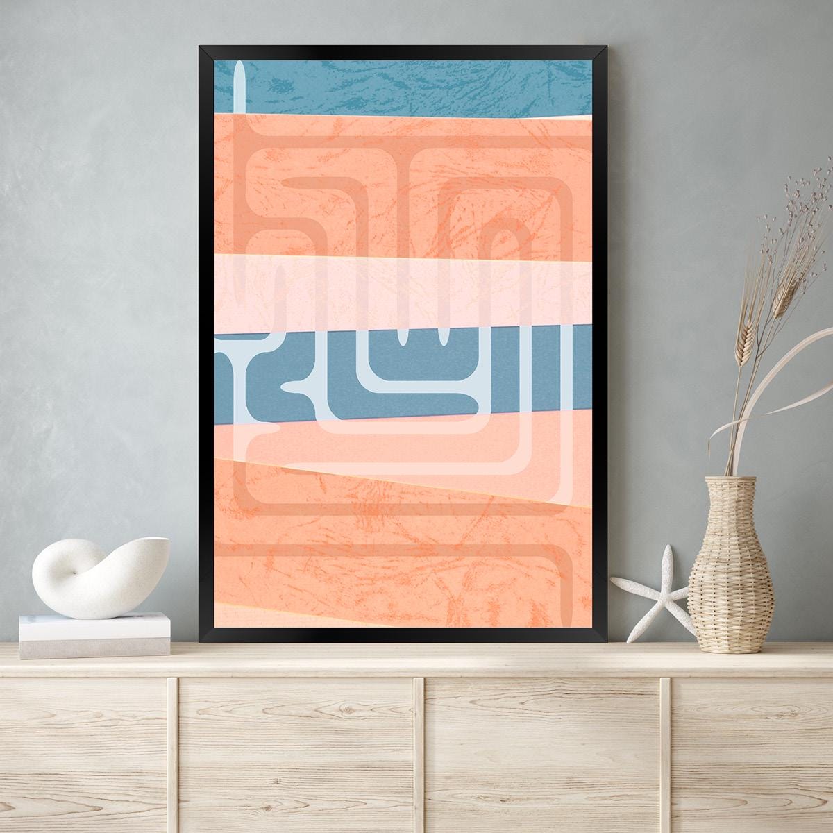 Abstract Pattern Canvas Print - Boho Wall Art, Pastel Coral & Blue Geometric Decor for Living Room or Bedroom Spring Art - Frame Options
