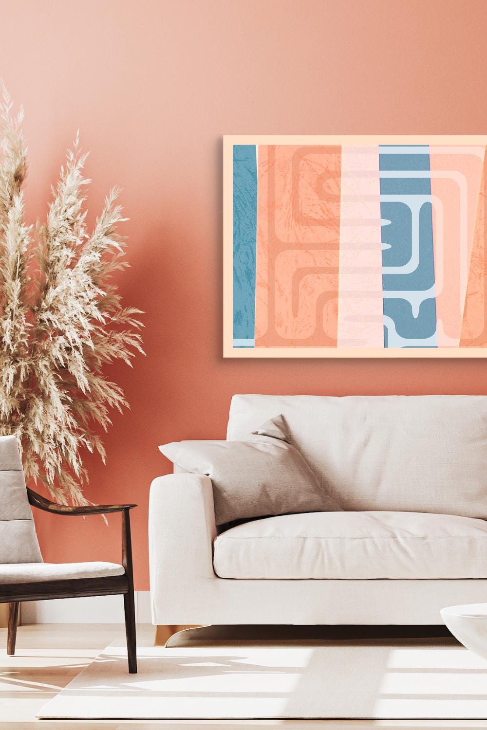 Abstract Pattern Canvas Print - Boho Wall Art, Pastel Coral & Blue Geometric Decor for Living Room or Bedroom Spring Art - Frame Options