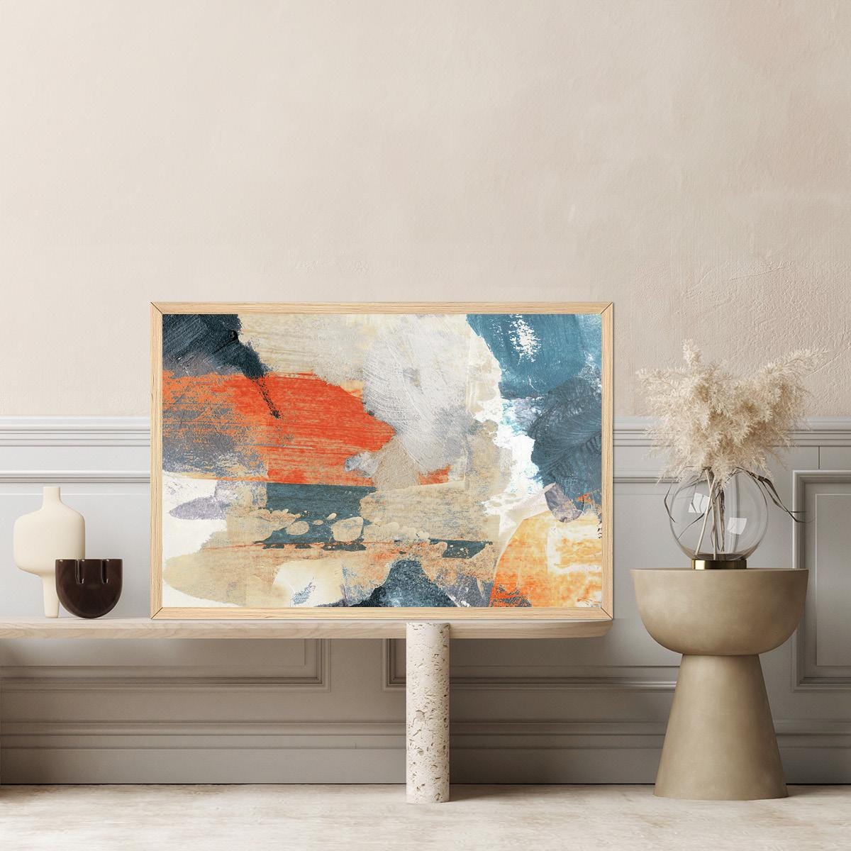 Abstract Canvas Print - Modern Brush Stroke Painting in Blue, Orange & Ivory - Bold Wall Art Home Decor - Frame Options