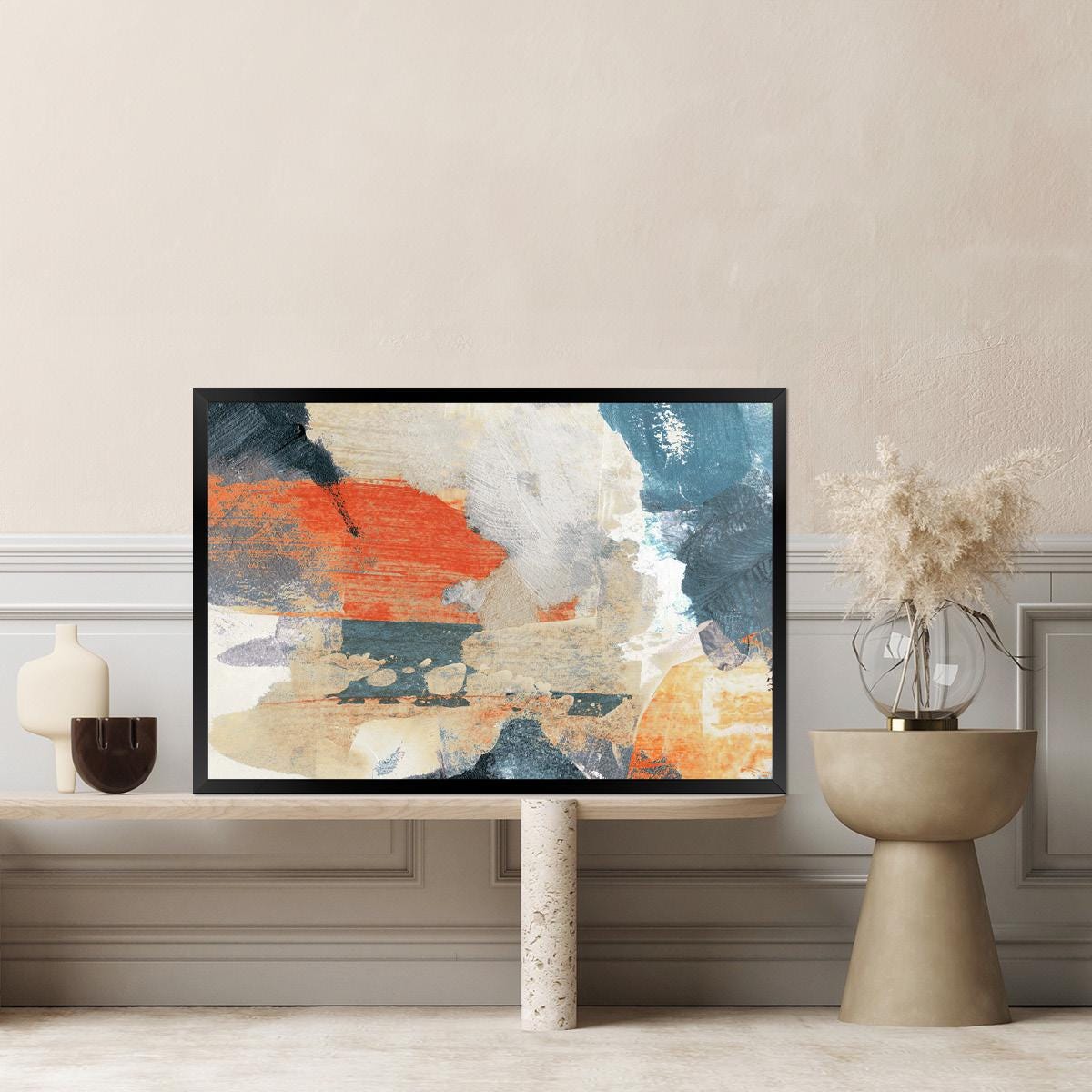 Abstract Canvas Print - Modern Brush Stroke Painting in Blue, Orange & Ivory - Bold Wall Art Home Decor - Frame Options