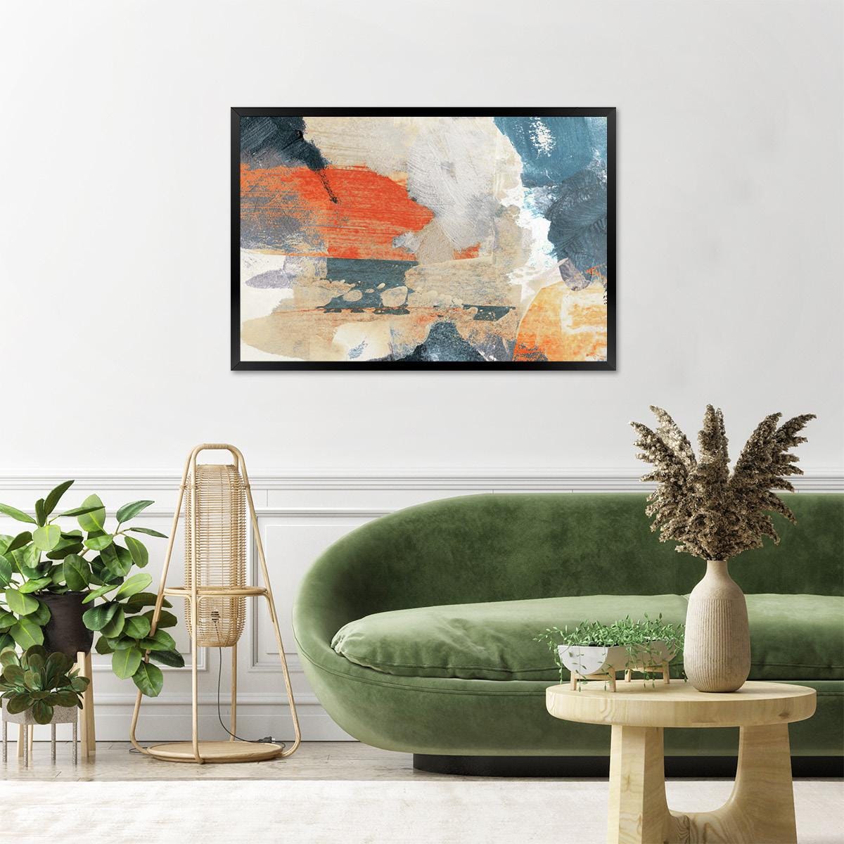 Abstract Canvas Print - Modern Brush Stroke Painting in Blue, Orange & Ivory - Bold Wall Art Home Decor - Frame Options