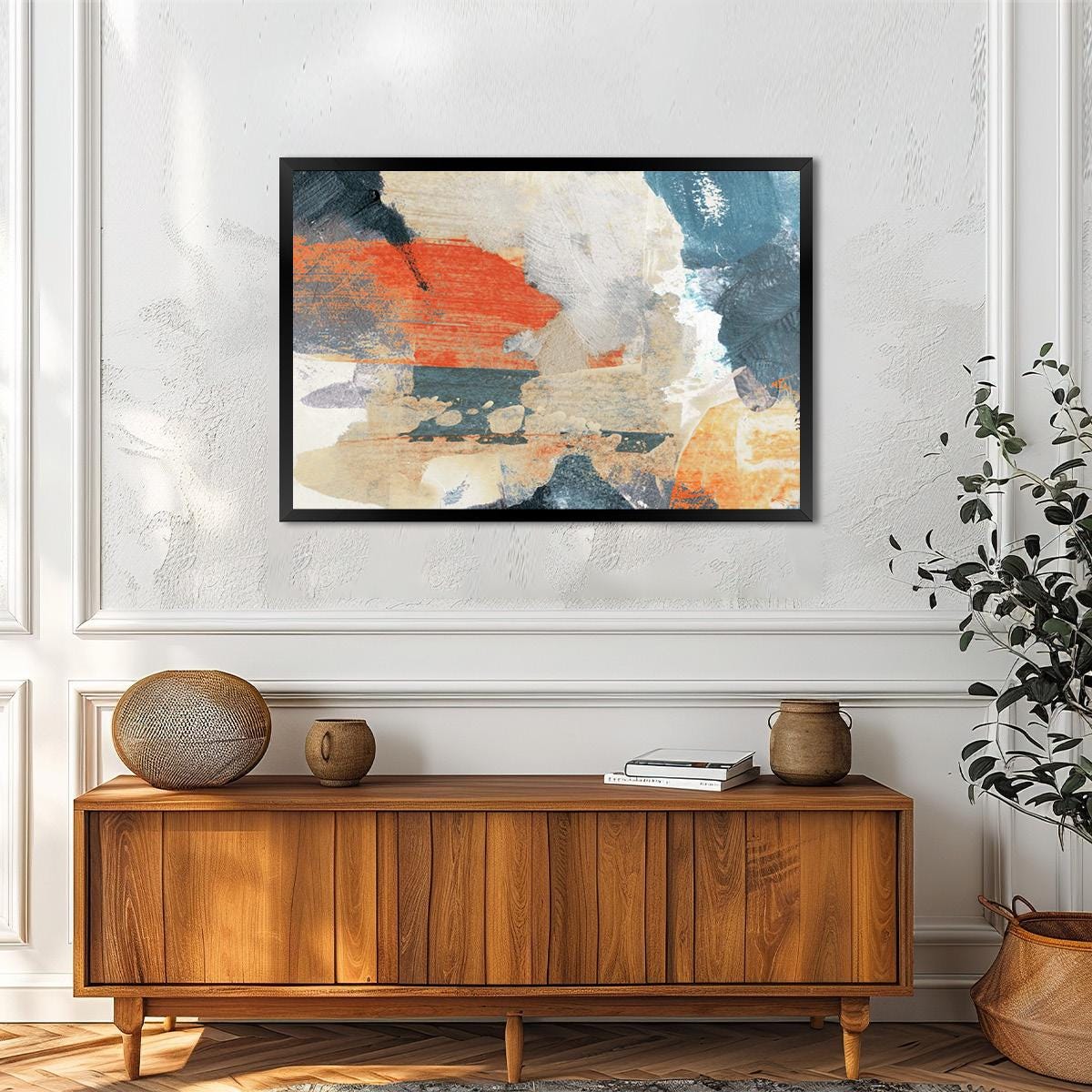 Abstract Canvas Print - Modern Brush Stroke Painting in Blue, Orange & Ivory - Bold Wall Art Home Decor - Frame Options