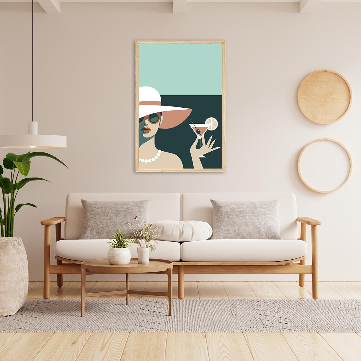 Coquette Cocktail Hour Wall Art – Retro Woman w Martini in Hat & Pearls – Glam Modern Print for Girls Night, Dressing Room or Bar Cart Decor